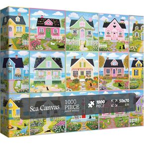 Sea Canvas Jigsaw Puzzle 1000 Piece for Adult Summer Nature, Beach Colorful House Landscape Art Jigsaw Puzzles, Pretty Ocean Scenic Garden Flower Collage Puzzles