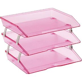 Acrimet Facility 3 Tier Letter Tray, Side Load, Letter Size/A4, Desktop File Organizer, Plastic (Clear Pink Color)