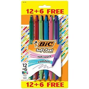 BIC Soft Feel Retractable Ballpoint Pens, Soft Touch Comfort Grip, Medium Point, 1.0mm, 8 Assorted Colors, 12+6 Pack