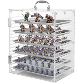 Clear Acrylic Miniature Storage Case, Miniatures Carrying Case with 6 Magnetic Metal Trays, Miniature Display Case with Protective Door Compatible with Warhammer 40k