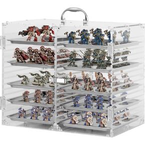 Clear Acrylic Miniature Storage Case, Miniatures Carrying Case with 6 Magnetic Metal Trays, Miniature Display Case with Protective Door Compatible with Warhammer 40k