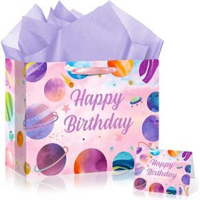 Outer Space Party Decorations Pink Outer Space Gift Bags Two The Moon Birthday Decorations Planets Galactic Solar System Theme Gift Wrapping Paper Bag for Christmas Girls Kids 1st 2nd Birthday Baby Shower Party