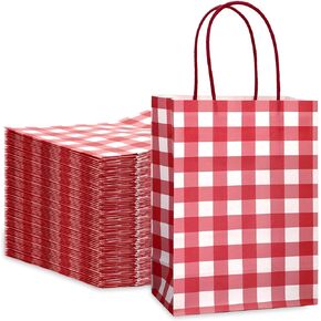 JarThenaAMCS 100Pcs Christmas Red White Checkered Kraft Paper Bags With Handles Gingham Treat Gift Bags Candy Goodie Bags for Baby Shower Birthday Party Favors Supplies