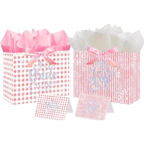 JWSCYSY 2PCS Large Bridal Shower Gift Bags with Tissue Papers, Greeting Cards and Ribbons, Silver Metallic Printed Pink Bride to Be Gift Bags for Engagement Wedding Bachelorette.