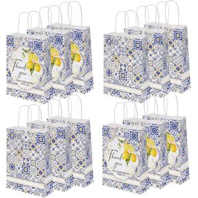 MEHOFOND 24 Pcs Bridal Shower Paper Gift Bags with Handles, Blue Tile Floral Print Bag for Gift, Lemon Themed Celebration Gift Bags, Goodie Present Bags for Party, Bridal Shower Supplies