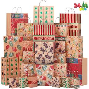 JOYIN 24 Christmas Foil Kraft Gift Bags Assorted Sizes with Twine Handles for Xmas Holiday Present Wrap Décor, Kraft Goody Bags, School Classroom Party Favor Supplies, Goodie Bags Decoration.