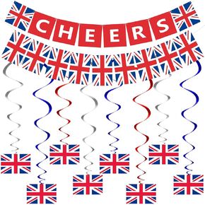 14 Pieces British Party Garland British Flag Hanging Garland Decor Include Cheers Bunting Banner UK Pennant Banner and Hanging Swirl UK Flag