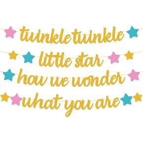 Twinkle Twinkle Llittle Star How We Wonder What You are Banner Gender Reveal Decorations Boy or Girl He or She Pink Blue Gold Star Baby Shower Party Supplies Glitter Décor Pre-Strung