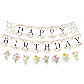 Wildflower Happy Birthday Banner Garland Sign Floral Party Decorations Colorful Flower Theme Garland for Women Girl Spring Birthday Baby Shower Tea Party Supplies