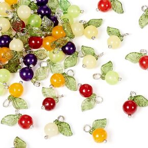 Cheriswelry 50pcs Natural Gemstone Fruit Charms Stone Beads Leaf Dangle Pendants Cute Hang Ornament Earring Bracelet Charms 13x12mm for DIY Craft Necklace Jewelry Making