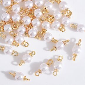 WADORN 30Pcs Pearl Beads Links Connectors, Round Imitation Pearl Pendant Connectors Baroque Pearls Charm Links Double Loop 18K Gold Plated Loops Pearl Links for Earrings DIY Jewelry Making Hole 14.mm