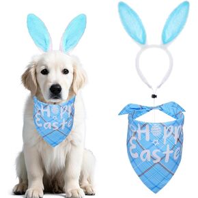 Easter Dog Bunny Costumes Bunny Ears Headband Buffalo Plaid Bandana for Small Medium Large Dogs (Blue Happy Easter)