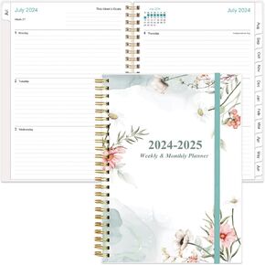2024-2025 Planner - Weekly Monthly Planner Spiral Bound from July 2024 to June 2025, Academic Planner 2024-25 with 12 Monthly Tabs, Inner Pocket, Elastic Closure, Blue Leaf
