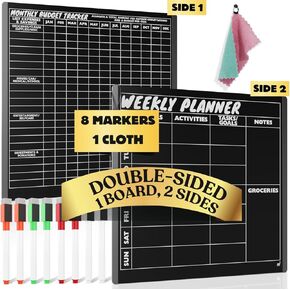 Double-Sided Magnetic Weekly Planner for Fridge with Monthly Budget Chart - Weekly Magnetic Calendar for Refrigerator and Monthly Bills Board - Easy to Use with Scratch-Free Magnetic Strips