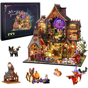 DIY Miniature House Kit Magic Treasure House, Mini Doll House Building Kit with LED Lights Furniture, Miniature Dollhouse Kit Wooden Crafts for Adults Teens Gifts