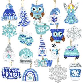 Gveuwin 20 Pcs Winter Diamond Painting Keychain Kits Blue Winter Gnome Snowflake Snowman Diamond Painting Key Chains 5D DIY Diamond Art Double Sided Diamond Painting Kits for Xmas Art Crafts Supplies