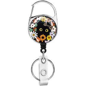 Soleebee Badge Reel Retractable, Nurse Carabiner Retractable Badge Holder, ID Name Badge Clip, Badge Reel Clip with Belt Clip & 24'' Durable Nylon Cord (Black Cat with Flower A)