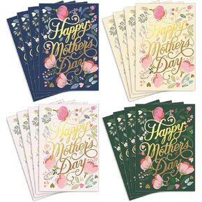 AnyDesign Greeting Card, 16 Pack Foil Gold Mother's Day Card with Stickers & Envelopes, Floral Blank Note Cards Assortment for Birthday Celebration, 4 x 6 Inch