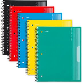 Mead Spiral Notebooks ، 5 Pack ، 1-Signject ، ورقة واسعة محكم ، غطاء بلاستيكي ، 8 "× 10-1/2" ، 100 ورقة ، أسود ، أصفر ، أحمر ، أزرق وأخضر (930093)