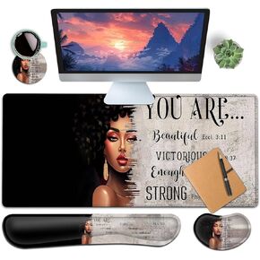 Large Gaming Mouse Pad+ Keyboard Wrist Rest Set, Ergonomics Memory Foam Mouse Mat Wrist Rest Support, Waterproof Extended Mousepad 31.5x11.8in, African American Women Black Girl Desk Pad