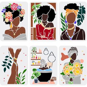 FINGERINSPIRE 6 pcs African Tribal Women Stencils 8.3x11.7inch Reusable African American Painting Stencil Female Silhouette Bathroom Decoration Stencil for Painting on Wood, Wall and Furniture