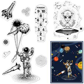 Astronaut Clear Stamps for Card Making UFO Saucer Man Clear Rubber Stamps Spaceship Galaxy Transparent Rubber Seal Stamps for DIY Photo Scrapbooking Paper Card Album Crafting Supplies