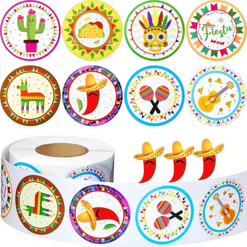 500 Pcs Fiesta Party Stickers Mexican Decorations Mexican Theme Stickers Mexican Party Favors for Kids Fiesta Scrapbook Stickers Round Circle Labels with 8 Patterns for Cinco De Mayo (Classic Style) in Saudi Arabia