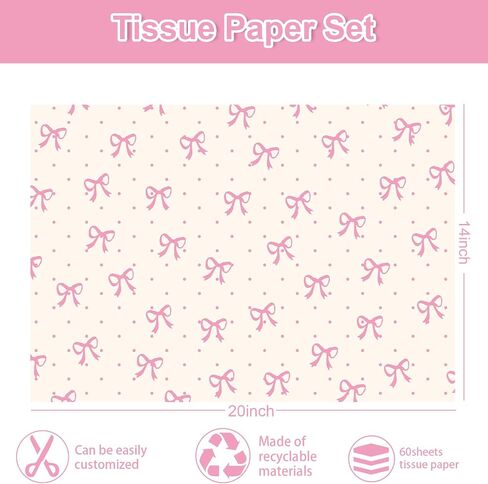 JarThenaAMCS 60 Sheets Pink Bow Tissue Paper Cute Bow Knot Dot Gift Wrapping Paper Decorative Art Paper for Coquette Birthday Baby Shower Party DIY Crafts, 14 x 20 Inch in Saudi Arabia
