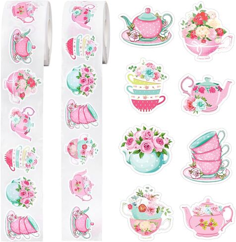 1200Pcs Tea Party Stickers Roll Floral Teacup Pink Self-Adhesive Stickers Decals for Birthday Baby Shower Journal Scrapbook, 8 Designs, 2 Rolls in Kuwait
