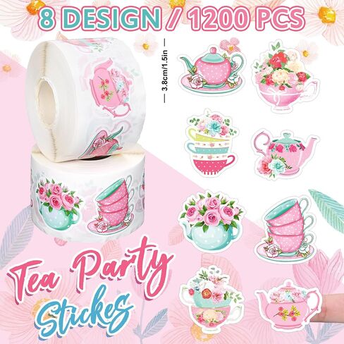 1200Pcs Tea Party Stickers Roll Floral Teacup Pink Self-Adhesive Stickers Decals for Birthday Baby Shower Journal Scrapbook, 8 Designs, 2 Rolls in Kuwait