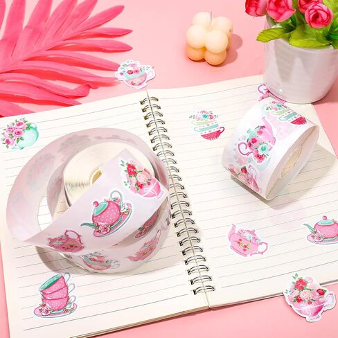 1200Pcs Tea Party Stickers Roll Floral Teacup Pink Self-Adhesive Stickers Decals for Birthday Baby Shower Journal Scrapbook, 8 Designs, 2 Rolls in Kuwait
