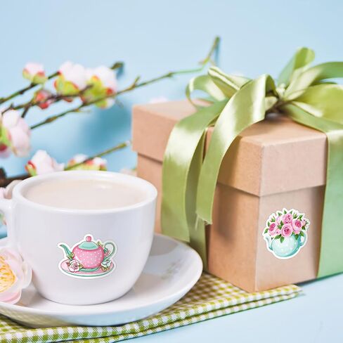 1200Pcs Tea Party Stickers Roll Floral Teacup Pink Self-Adhesive Stickers Decals for Birthday Baby Shower Journal Scrapbook, 8 Designs, 2 Rolls in Kuwait
