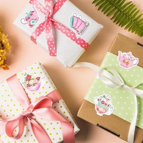 1200Pcs Tea Party Stickers Roll Floral Teacup Pink Self-Adhesive Stickers Decals for Birthday Baby Shower Journal Scrapbook, 8 Designs, 2 Rolls in Kuwait