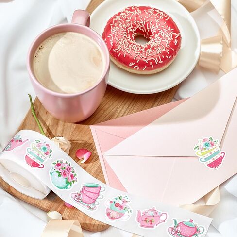 1200Pcs Tea Party Stickers Roll Floral Teacup Pink Self-Adhesive Stickers Decals for Birthday Baby Shower Journal Scrapbook, 8 Designs, 2 Rolls in Kuwait