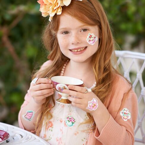 1200Pcs Tea Party Stickers Roll Floral Teacup Pink Self-Adhesive Stickers Decals for Birthday Baby Shower Journal Scrapbook, 8 Designs, 2 Rolls in Kuwait