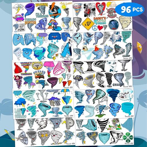 96 PCS Tornado Themed Twonado Birthday Party Decorations Favors Supplies Decor Cute Tornado Tattoos Stickers Gifts for Kids Girls Boys School Prizes Rewards, Grey, Blue, Black in Saudi Arabia