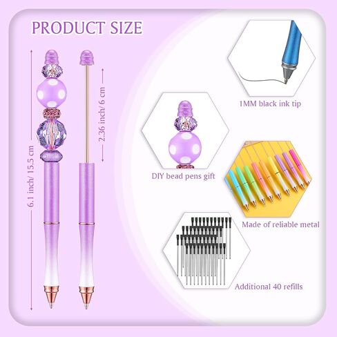 CHIVAO 20 PCS Metal Beadable Abels Artressed Bead Point Propens ألوان متنوعة مع 40 عبوات حبر Bling Black للأطفال السود in Kuwait