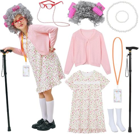 100 Days of School Kids Costume, Old Lady Costume for Kids Girls Halloween Grandma Dress Up in Saudi Arabia