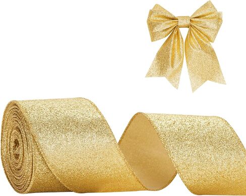 Gold Glitter Ribbon Christmas Wired Ribbon 2.5 Inch 11 Yards Gift Wrapping Ribbon Christmas Ribbon Glitter Ribbon for Christmas Tree Decoration, DIY Craft, Home Decor (Gold) in Saudi Arabia