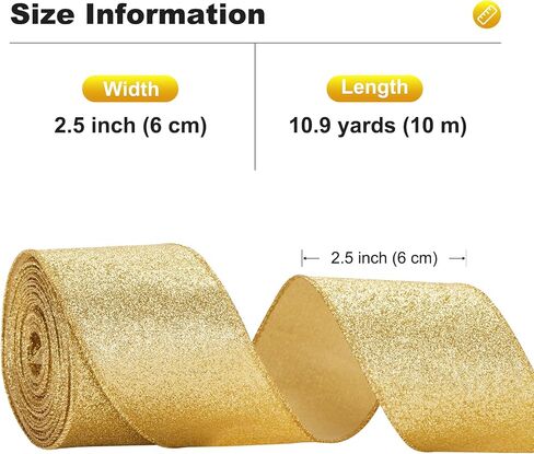 Gold Glitter Ribbon Christmas Wired Ribbon 2.5 Inch 11 Yards Gift Wrapping Ribbon Christmas Ribbon Glitter Ribbon for Christmas Tree Decoration, DIY Craft, Home Decor (Gold) in Saudi Arabia