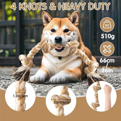 Ycozy 4-Knot Dog Rope Toy for Medium/Small Dogs 26in Dog Rope for Aggressive Chewers Puppy Dog Tug Toy Almost Indestructible Teething Chew Toy Natural Cotton in Kuwait
