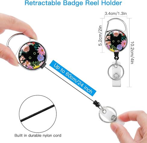 Soleebee Badge Reel Retractable, Nurse Carabiner Retractable Badge Holder, ID Name Badge Clip, Badge Reel Clip with Belt Clip & 24'' Durable Nylon Cord (Black Cat with Flower A) in Saudi Arabia