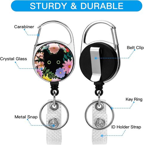 Soleebee Badge Reel Retractable, Nurse Carabiner Retractable Badge Holder, ID Name Badge Clip, Badge Reel Clip with Belt Clip & 24'' Durable Nylon Cord (Black Cat with Flower A) in Saudi Arabia