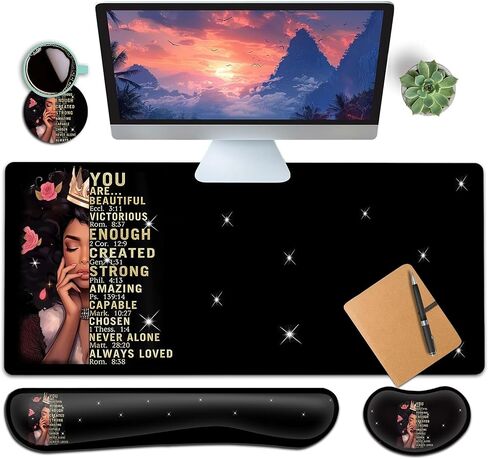 Large Gaming Mouse Pad+ Keyboard Wrist Rest Set, Ergonomics Memory Foam Mouse Mat Wrist Rest Support, Waterproof Extended Mousepad 31.5x11.8in, African American Women Black Girl Desk Pad in Kuwait