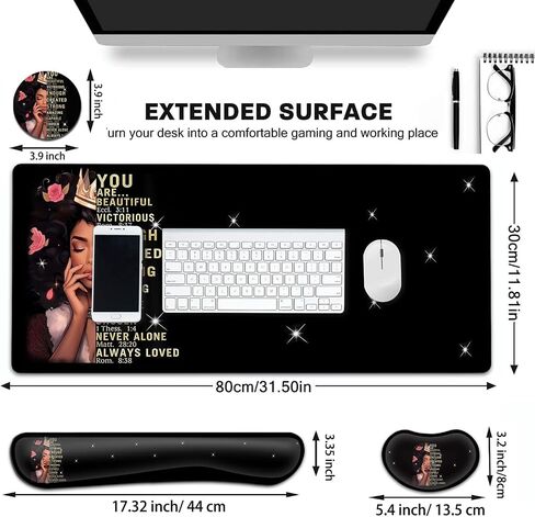 Large Gaming Mouse Pad+ Keyboard Wrist Rest Set, Ergonomics Memory Foam Mouse Mat Wrist Rest Support, Waterproof Extended Mousepad 31.5x11.8in, African American Women Black Girl Desk Pad in Kuwait