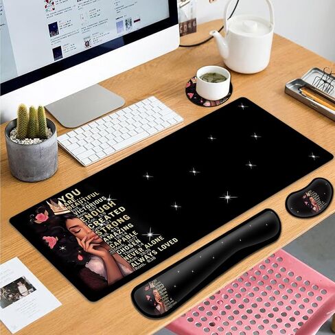 Large Gaming Mouse Pad+ Keyboard Wrist Rest Set, Ergonomics Memory Foam Mouse Mat Wrist Rest Support, Waterproof Extended Mousepad 31.5x11.8in, African American Women Black Girl Desk Pad in Kuwait