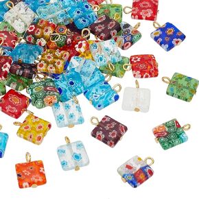 Ph Pandahall 50pcs ampwork pendants ، مربع Millefiori Lampwork Glass Presants سحر متدفق فضفاضة مع حلقة حديدية للقلائد الصيفية أقراط تصنع الزخارف