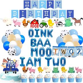 Oink Baa Moo Im Two Birthday Boy,Farm Animal 2nd Birthday Party Decorations Boy,2nd Birthday Party Decorations Boy.Blue 2nd Truck Birthday Party For Boy