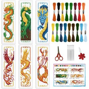 INFUNLY 6 Set Cross Stitch Bookmark Kit Loong DIY Cross Stitch Kit 8"x2.4" Pre-Printed Phoenix Stamped Embroidery Bookmark with Instruction Cross Stitch Kits for Beginners Book Lovers Adults Gift