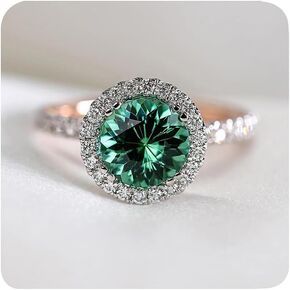 Classic 925 Sterling Silver 18K Rose Gold Natural Emerald Ring Round cut Cubic Zirconia Promise Rings CZ Classical Eternity Engagement Wedding Band Ring for Women Two-tone Ring(9#)
